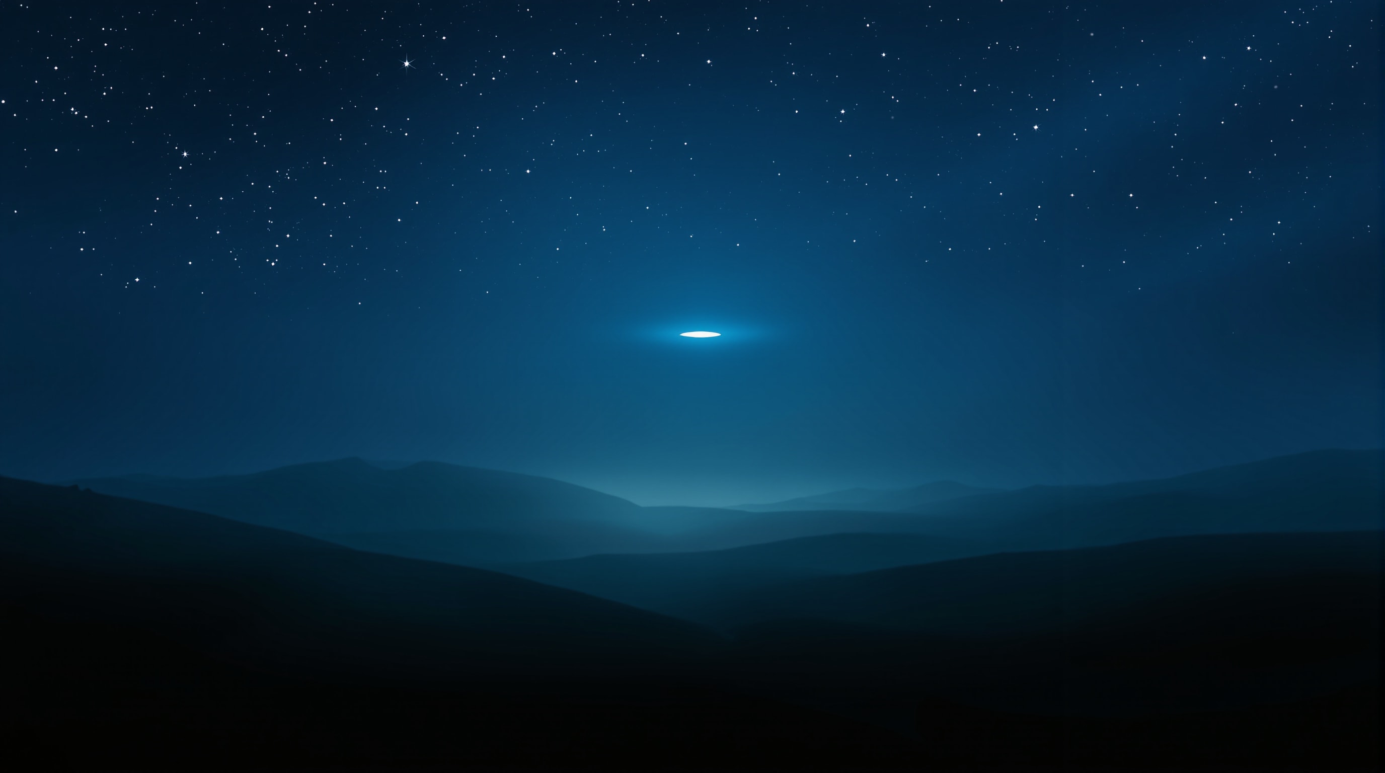 A faint disc-shaped light in a misty night sky